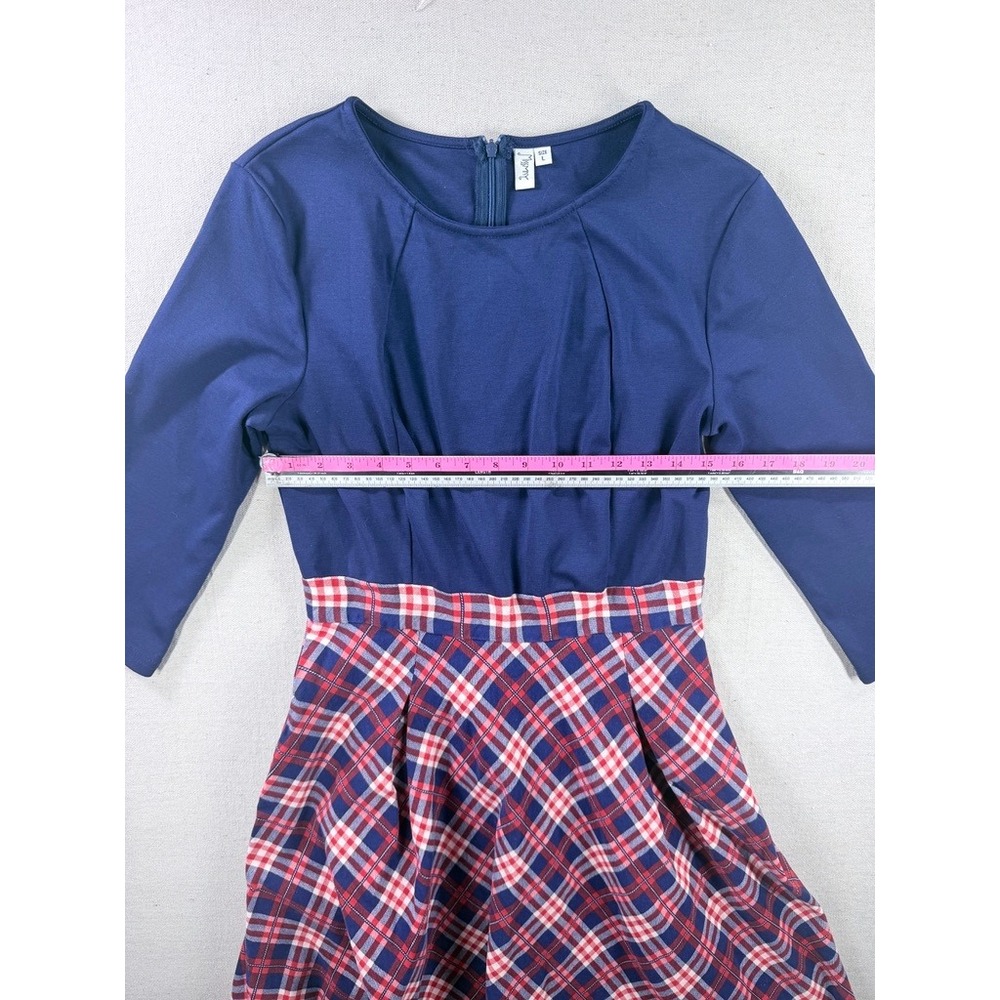 Missmy Navy Blue Plaid Fit and Flare Dress 3/4 Sleeve Pleated Skirt Size Large - Picture 7 of 8